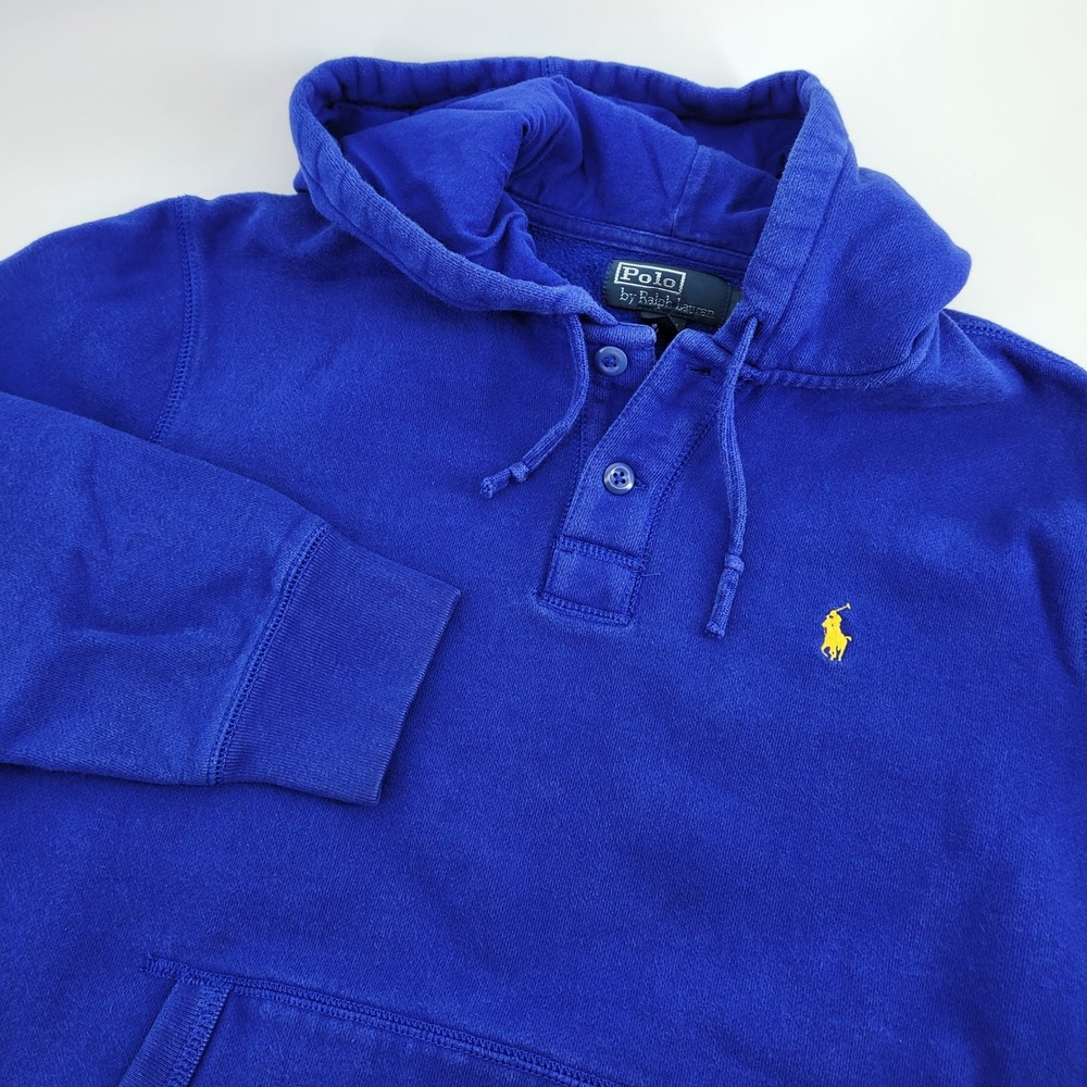 Polo Ralph Lauren Mens L Sporty Fleece Royal Blue Henley Hoodie Yellow Pony Logo